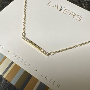 Layers Gold Tone Horizontal Bar Necklace Crystal Accents Adjustable 13-34 Inch